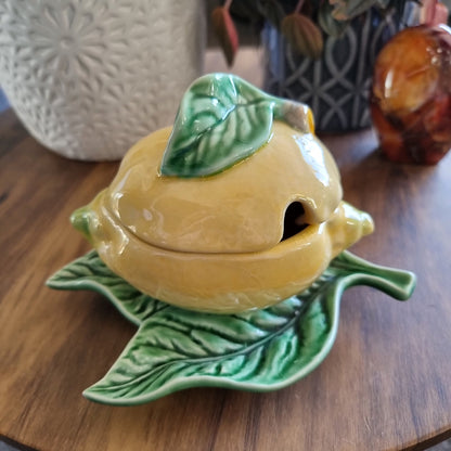 Bordallo Pinheiro lemon-shaped ceramic sugar bowl with green leaf plate, made in Portugal