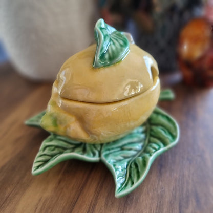 Bordallo Pinheiro lemon-shaped ceramic sugar bowl with green leaf plate, made in Portugal