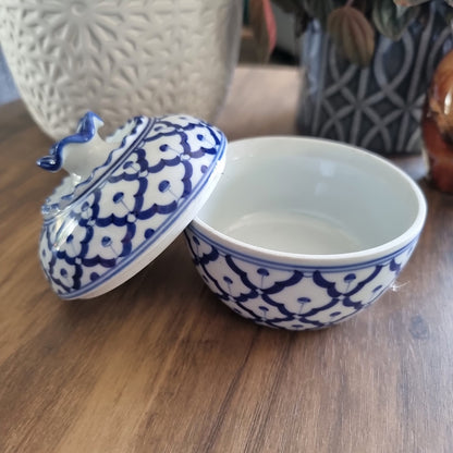 Blue and white hand-painted porcelain lidded pot with scalloped lid, made in Thailand