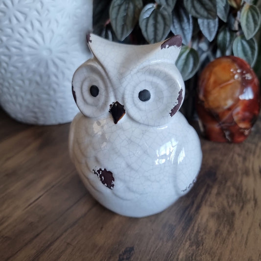 Ceramic owl figurine with crackle glaze and rustic detailing