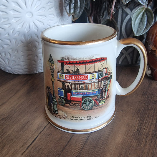 Old Foley James Kent mug with steam omnibus and Nestlé’s ad design