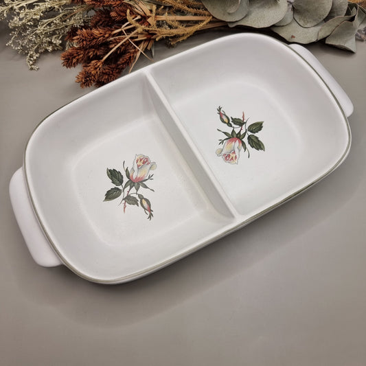 Vintage Denby divided dish with pink rose floral design and two compartments