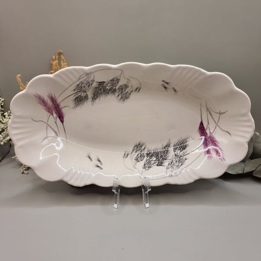 Clarice Cliff Royal Staffordshire oval dish with scalloped edge and wheat design in black, grey, and purple.