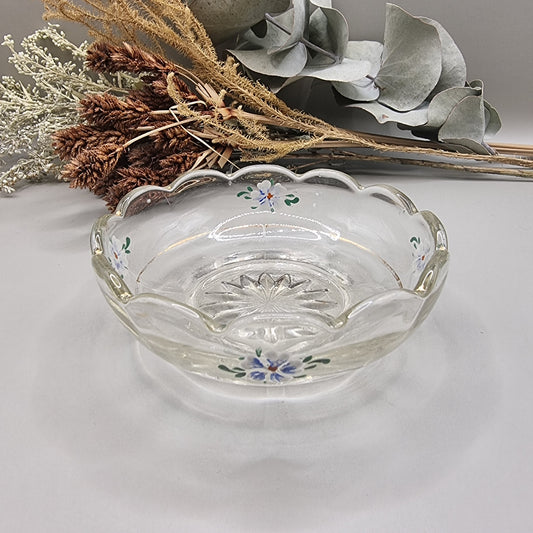 Vintage pressed glass bowl with scalloped edge and hand-painted floral design