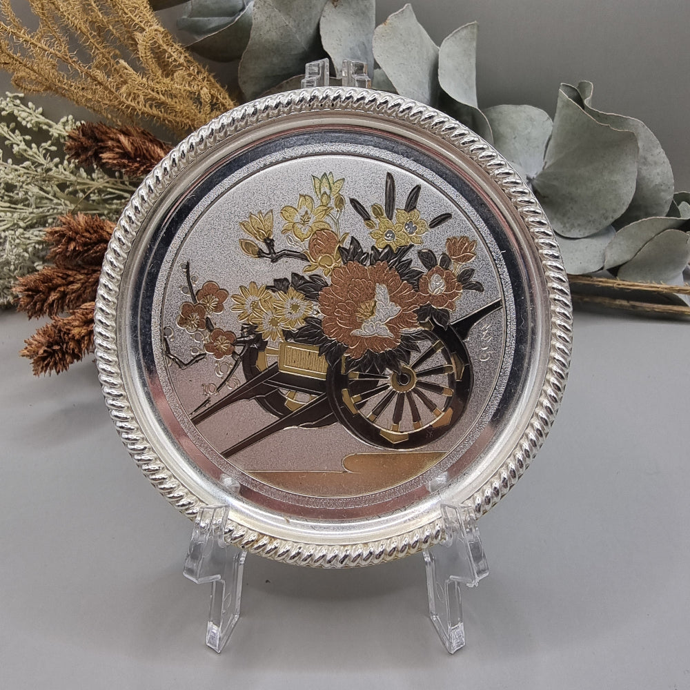 Seba silver plate with Chokin etched floral cart design in gold, copper and silver.