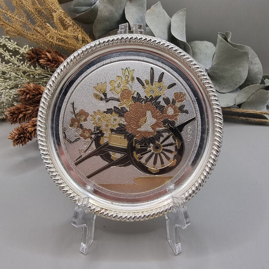 Seba silver plate with Chokin etched floral cart design in gold, copper and silver.