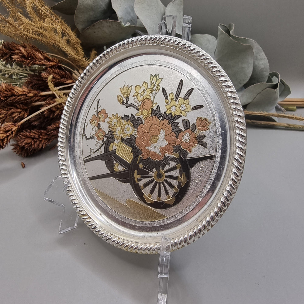 Seba silver plate with Chokin etched floral cart design in gold, copper and silver.