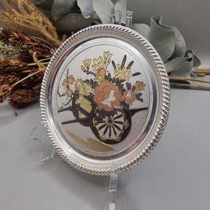 Seba silver plate with Chokin etched floral cart design in gold, copper and silver.