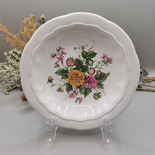 Crown Lynn ironstone plate with floral and strawberry bouquet, scalloped rim
