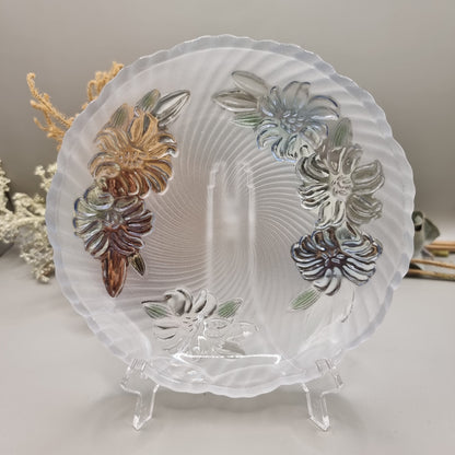 Vintage frosted glass plate with pastel floral raised design