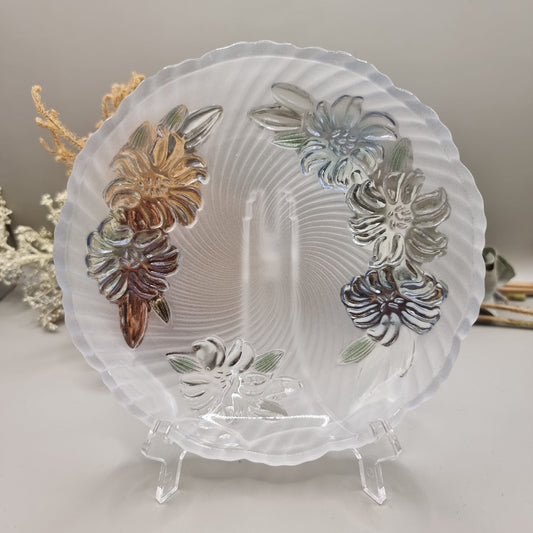 Vintage frosted glass plate with pastel floral raised design