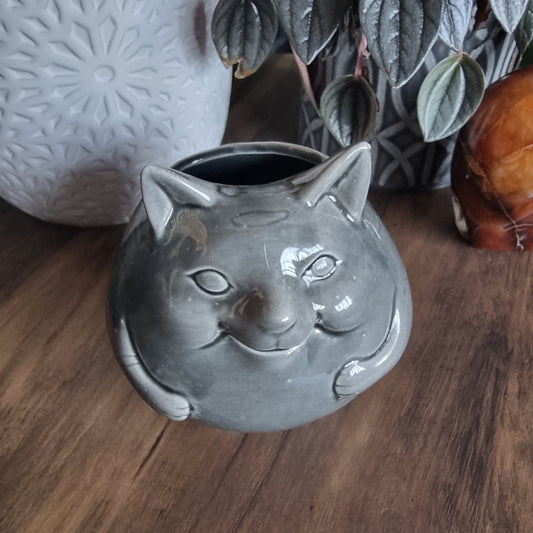 Glossy grey ceramic lucky cat vase with open top and chubby shape