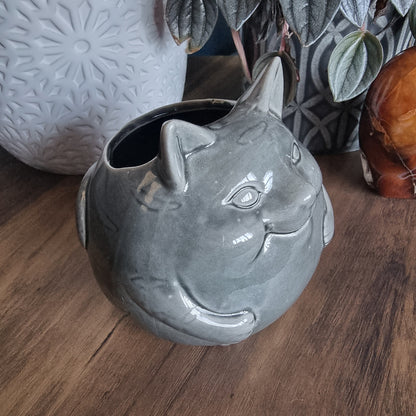 Glossy grey ceramic lucky cat vase with open top and chubby shape