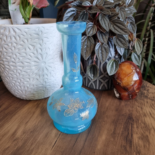 Aqua blue glass bud vase with hand-painted gold floral design