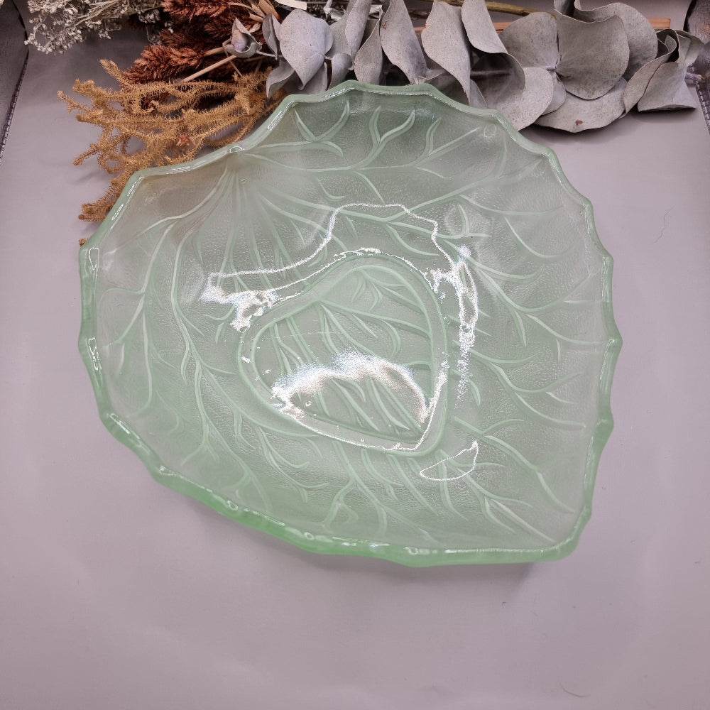 Vintage Bagley green leaf glass bowl with scalloped edge and textured design.