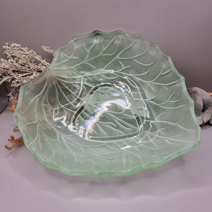 Vintage Bagley green leaf glass bowl with scalloped edge and textured design.