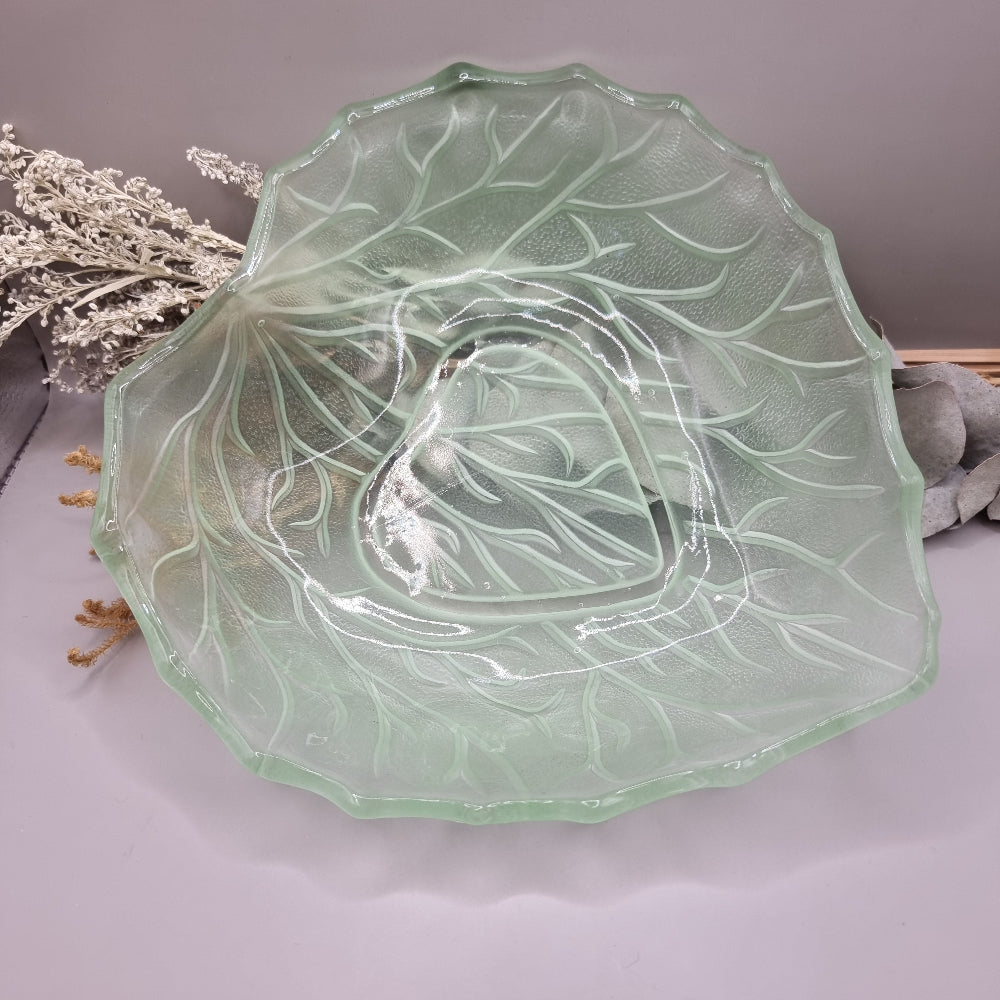 Vintage Bagley green leaf glass bowl with scalloped edge and textured design.