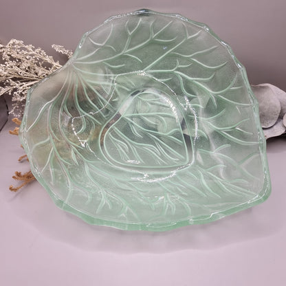 Vintage Bagley green leaf glass bowl with scalloped edge and textured design.