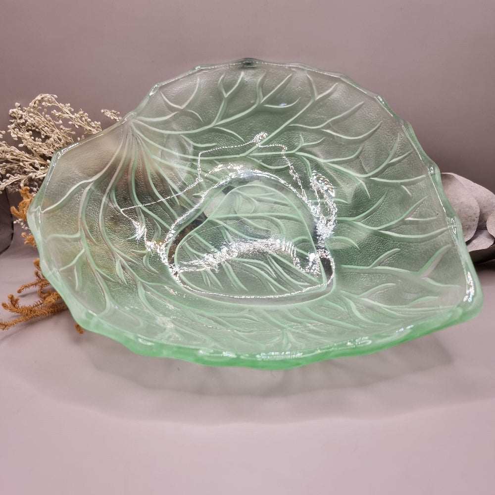 Vintage Bagley green leaf glass bowl with scalloped edge and textured design.