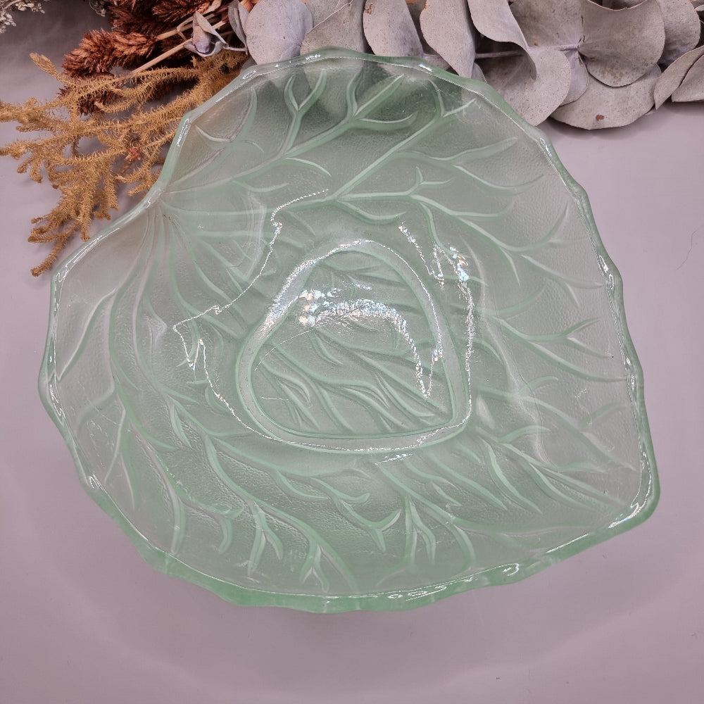 Vintage Bagley green leaf glass bowl with scalloped edge and textured design.