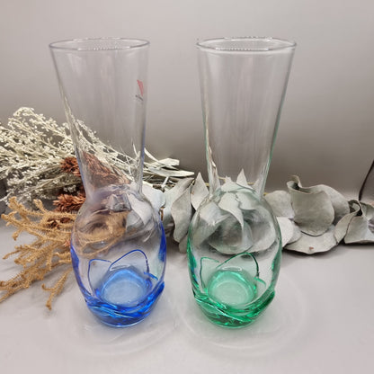 Pair of Bormioli Rocco glass vases with blue and green tinted bases.