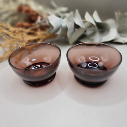 Pair of smoky purple glass condiment bowls with rounded shape and glossy finish.