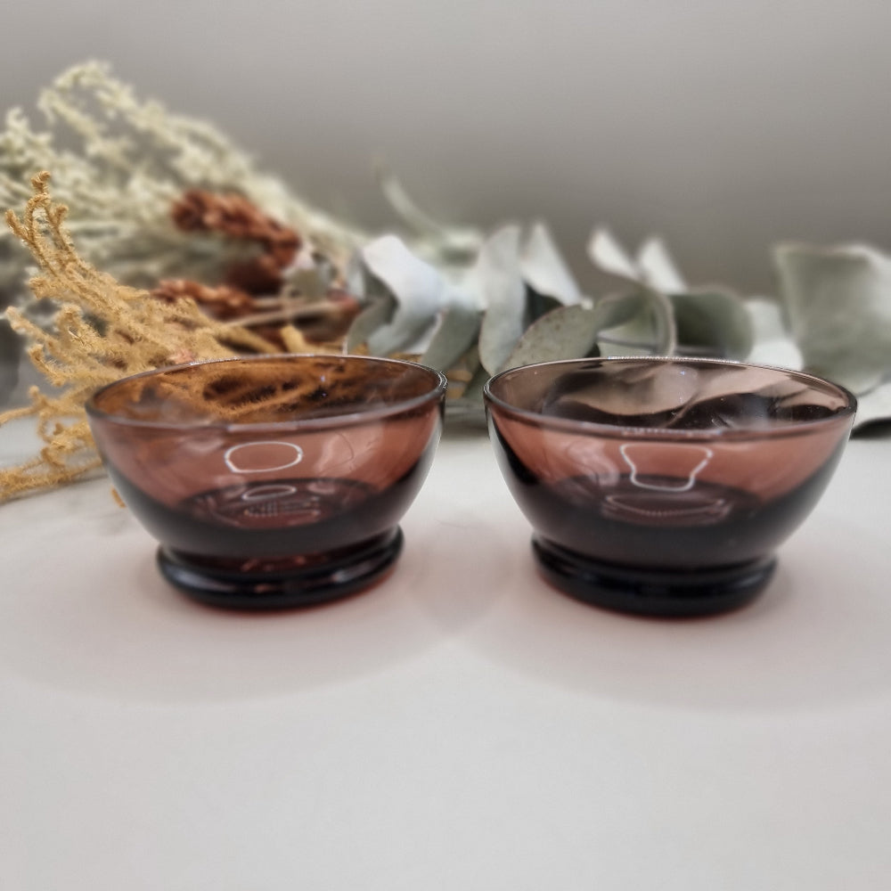 Pair of smoky purple glass condiment bowls with rounded shape and glossy finish.