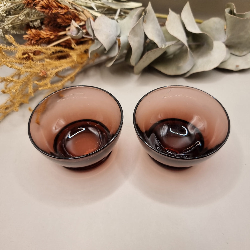 Pair of smoky purple glass condiment bowls with rounded shape and glossy finish.