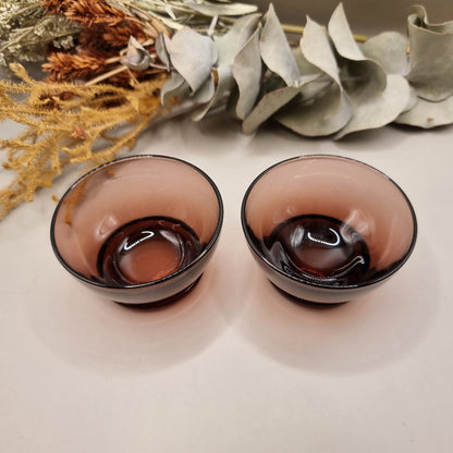 Pair of smoky purple glass condiment bowls with rounded shape and glossy finish.