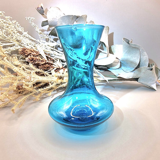 Mid-century blue handblown glass vase with hourglass shape