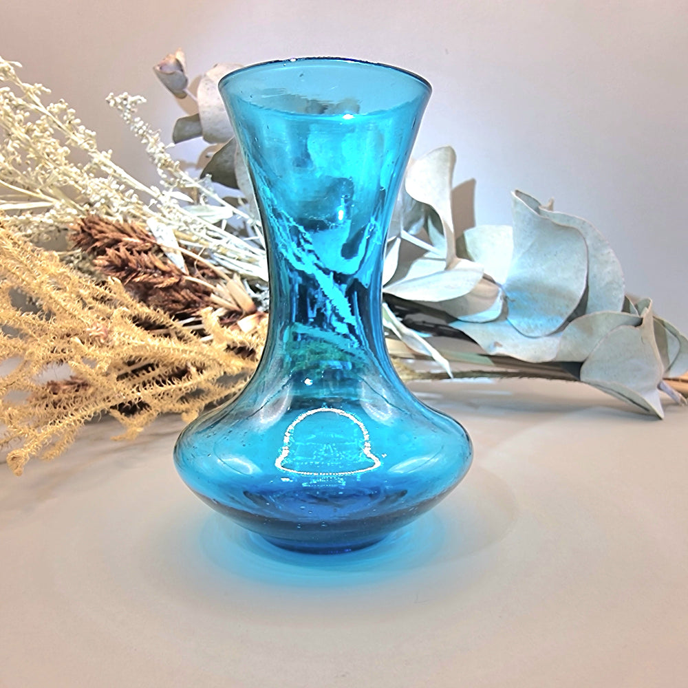 Mid-century blue handblown glass vase with hourglass shape