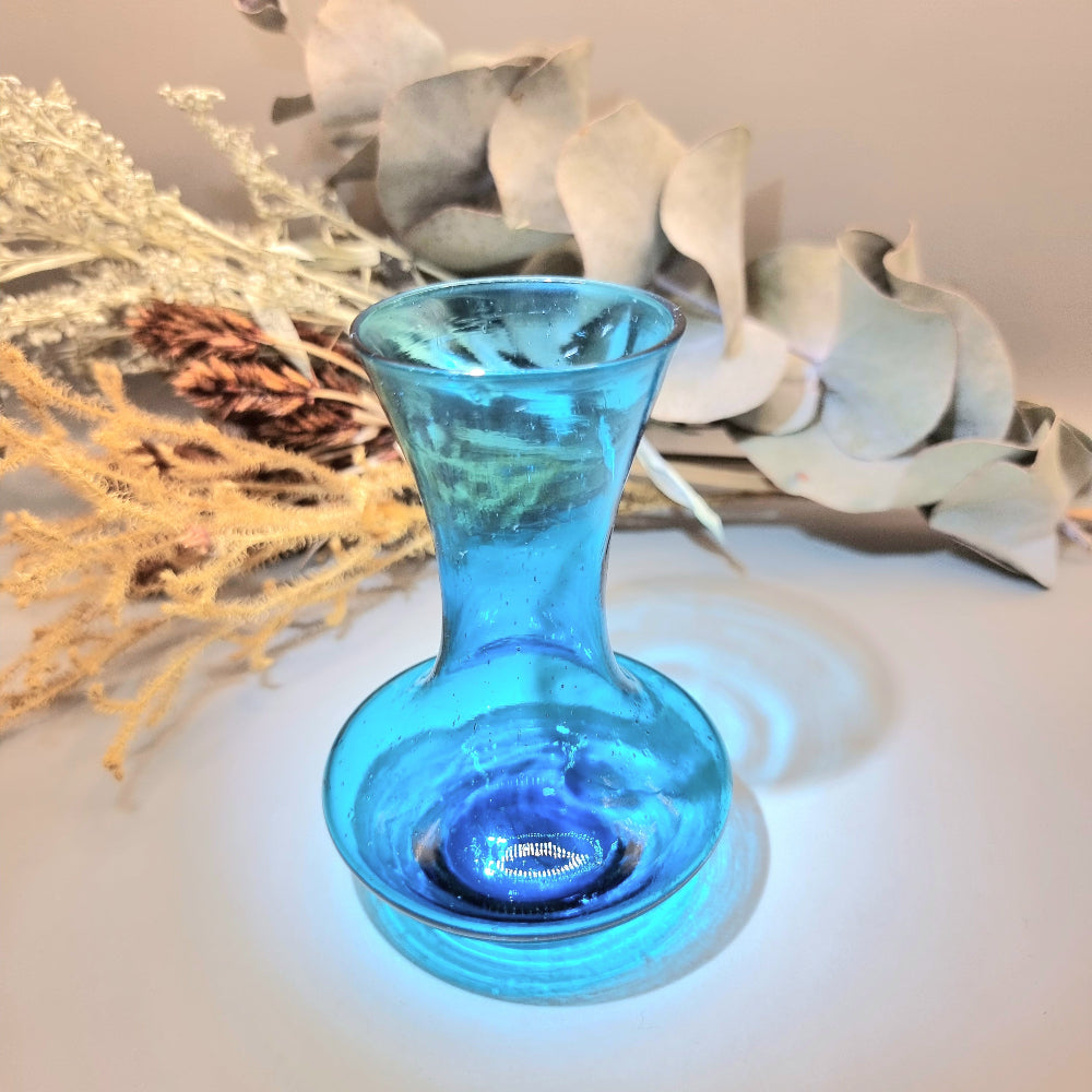 Mid-century blue handblown glass vase with hourglass shape