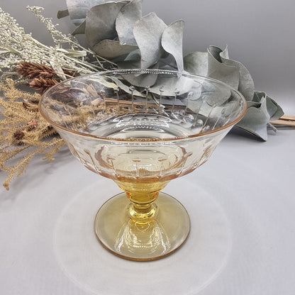 Pair of vintage amber glass dessert coupes with etched detailing