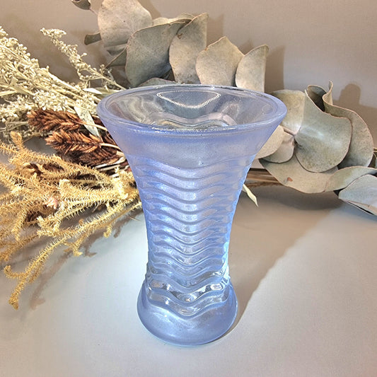 Art Deco frosted blue depression glass vase with flared rim and wave design