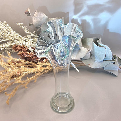 Clear handblown art glass vase with ruffled fluted top