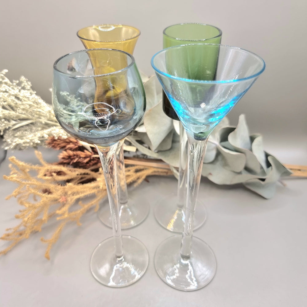 Set of four tall vintage coloured glasses with long stems