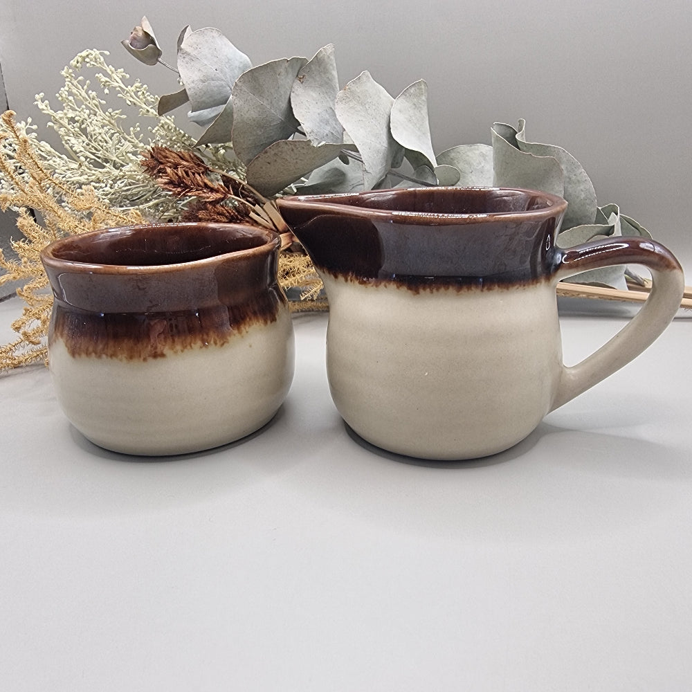 Vintage drip glaze cream jug and sugar bowl set in brown and beige