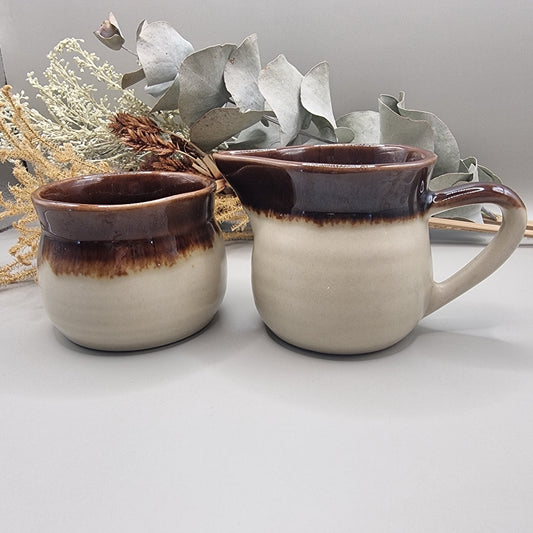 Vintage drip glaze cream jug and sugar bowl set in brown and beige