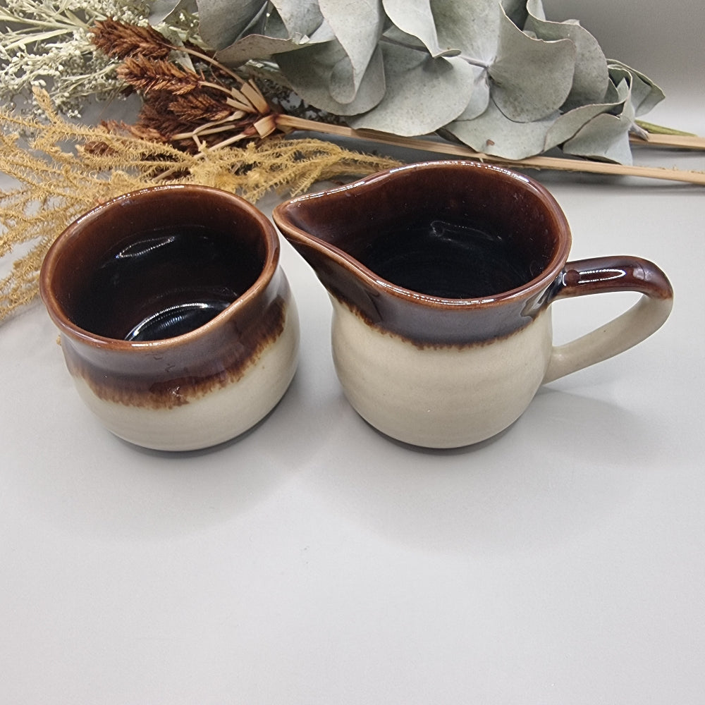 Vintage drip glaze cream jug and sugar bowl set in brown and beige