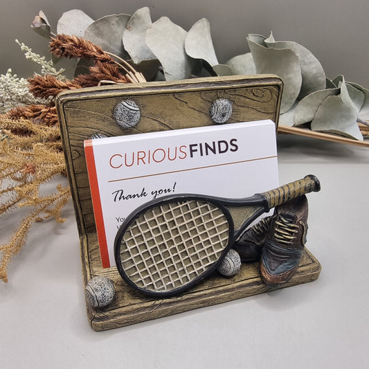 Vintage tennis-themed letter and card holder with racquet, shoes and tennis balls.