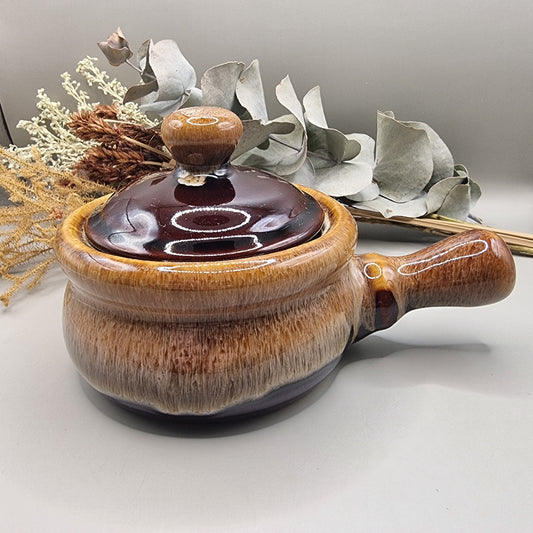 Brown drip glaze soup pot with lid and handle, 1970s style.