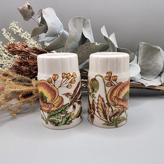 Vintage Palissy salt and pepper shakers with floral print, made in England.