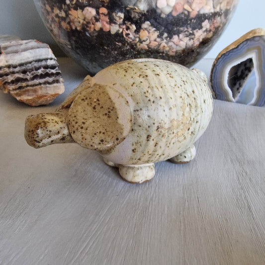 Handmade ceramic pig money box with speckled glaze and coin slot on its back.