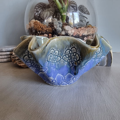Handmade ruffled ceramic bowl in blue and green by Incline Pottery, NZ