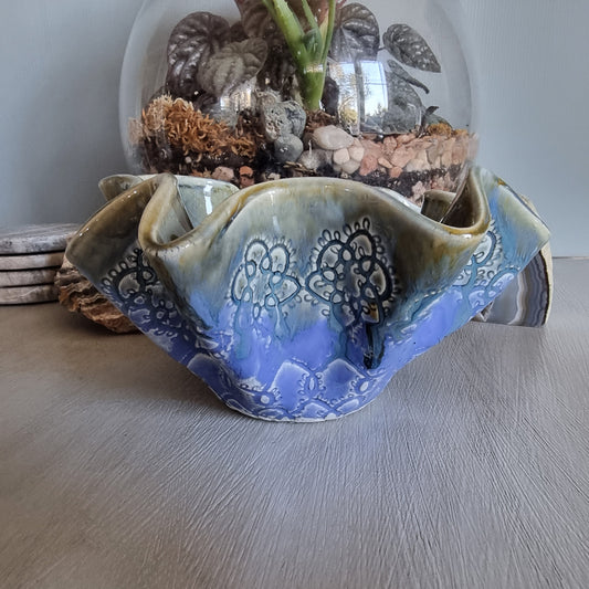 Handmade ruffled ceramic bowl in blue and green by Incline Pottery, NZ