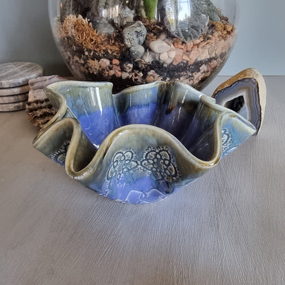 Handmade ruffled ceramic bowl in blue and green by Incline Pottery, NZ