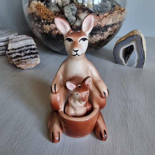 Vintage ceramic kangaroo with joey salt and pepper shakers in warm brown tones with original stoppers