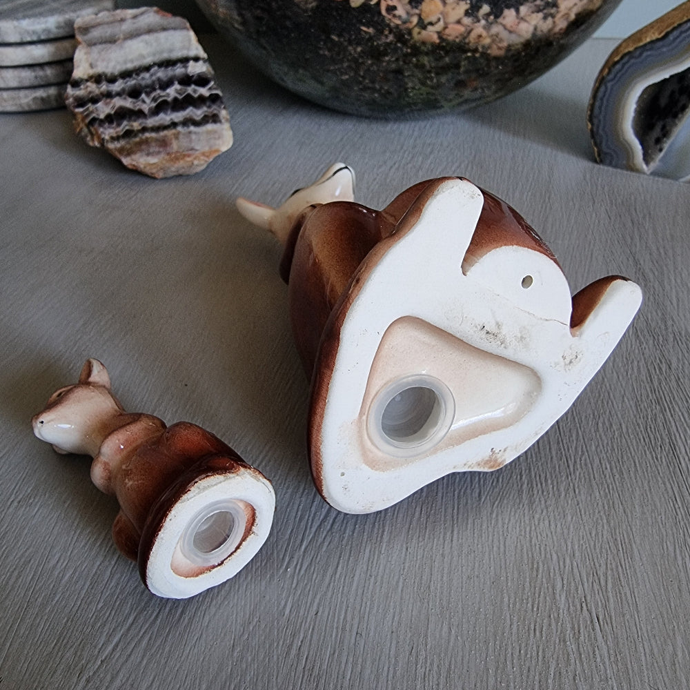 Vintage ceramic kangaroo with joey salt and pepper shakers in warm brown tones with original stoppers