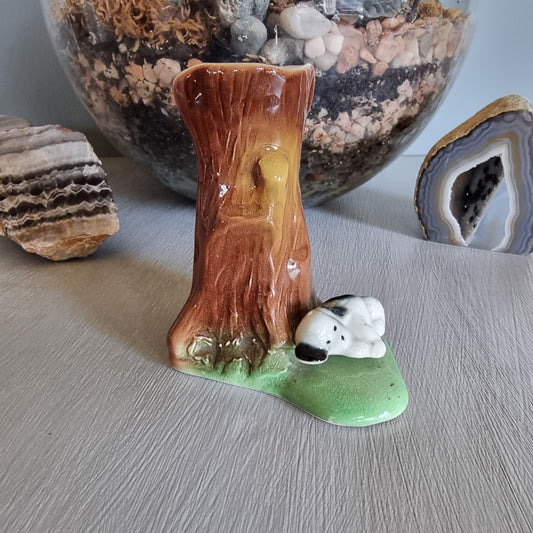 Vintage ceramic tree trunk vase with sleeping dog figurine