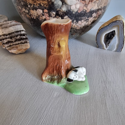 Vintage ceramic tree trunk vase with sleeping dog figurine